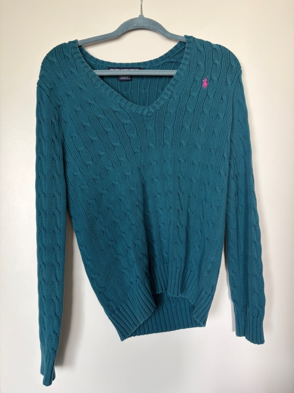 Ralph Lauren Teal Cable-Knit V-Neck Sweater with Pink Pony